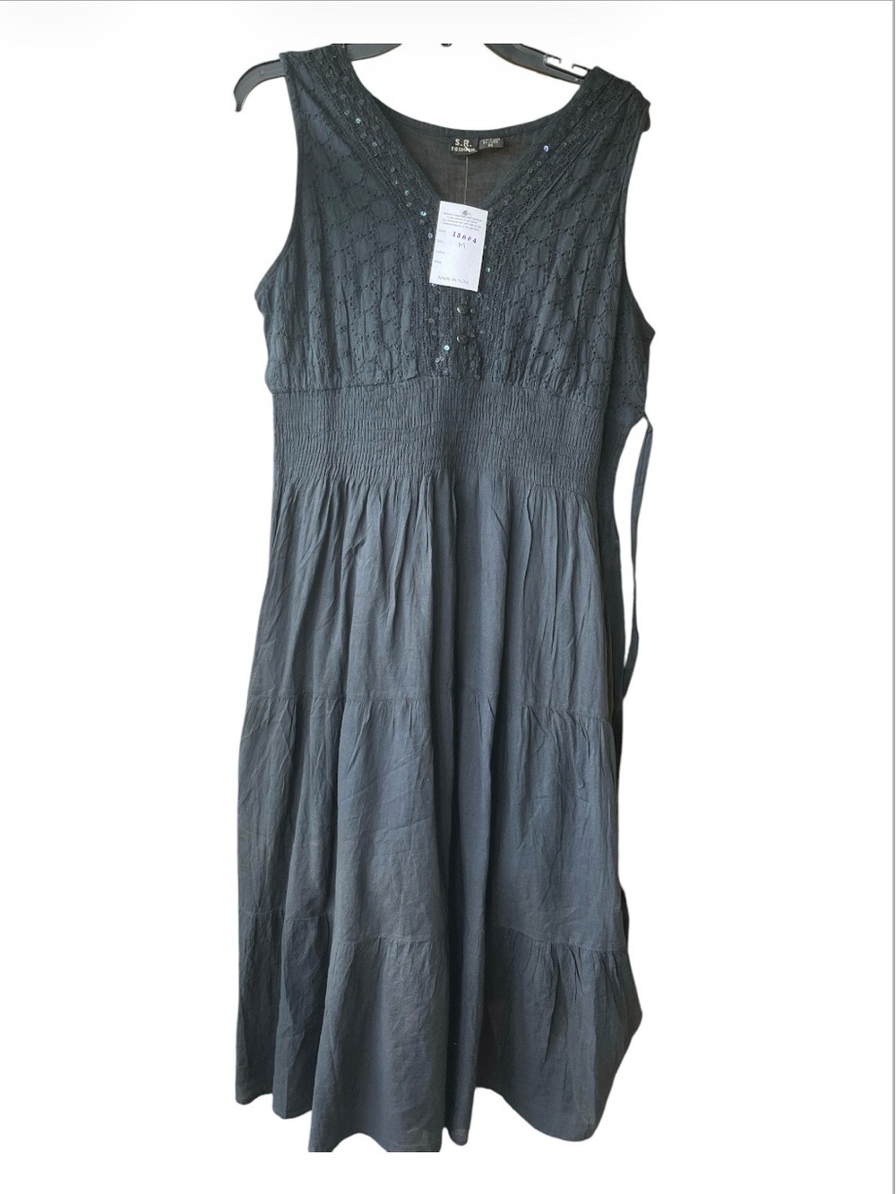 NWT S.R. Fashion Black 100% Cotton Boho Eyelet Midi Dress - Size M